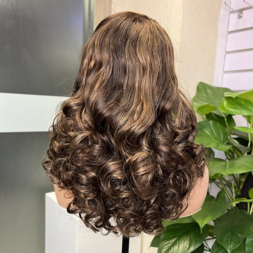 #4/27 Highlight 5x5 Glueless Double Drawn Bouncy Curl Transparent Lace Closure Wig | Human Hair Wig | Lace Front